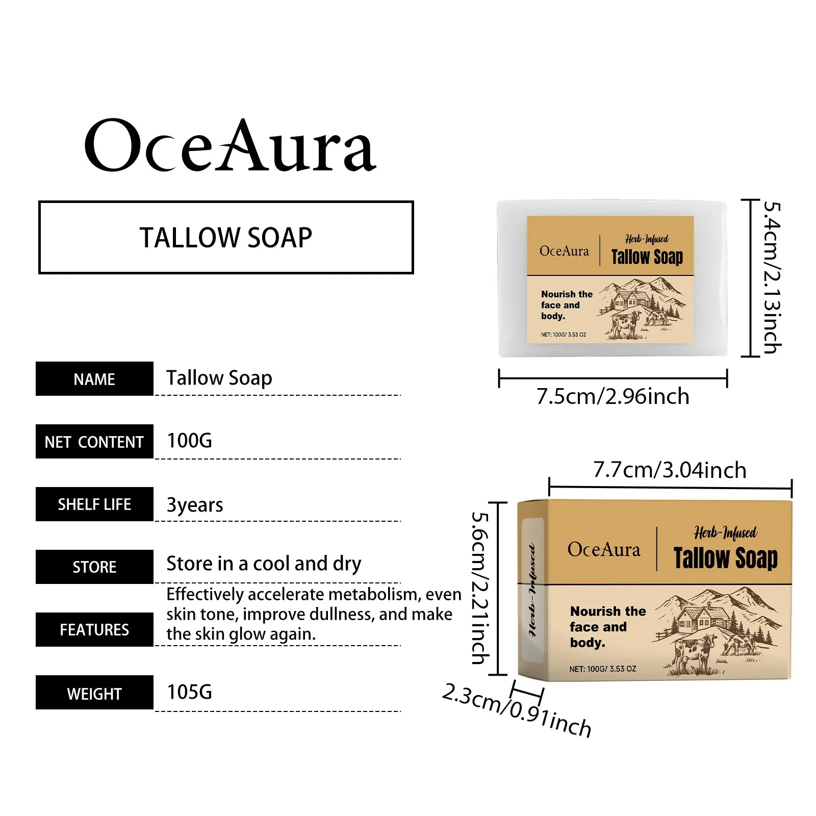 Oceaura Beef Tallow Bathing Soap – Pore Cleansing & Moisturizing